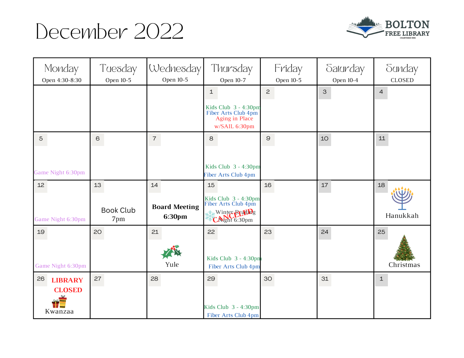 The Library Monthly Calendar Bolton Free Library