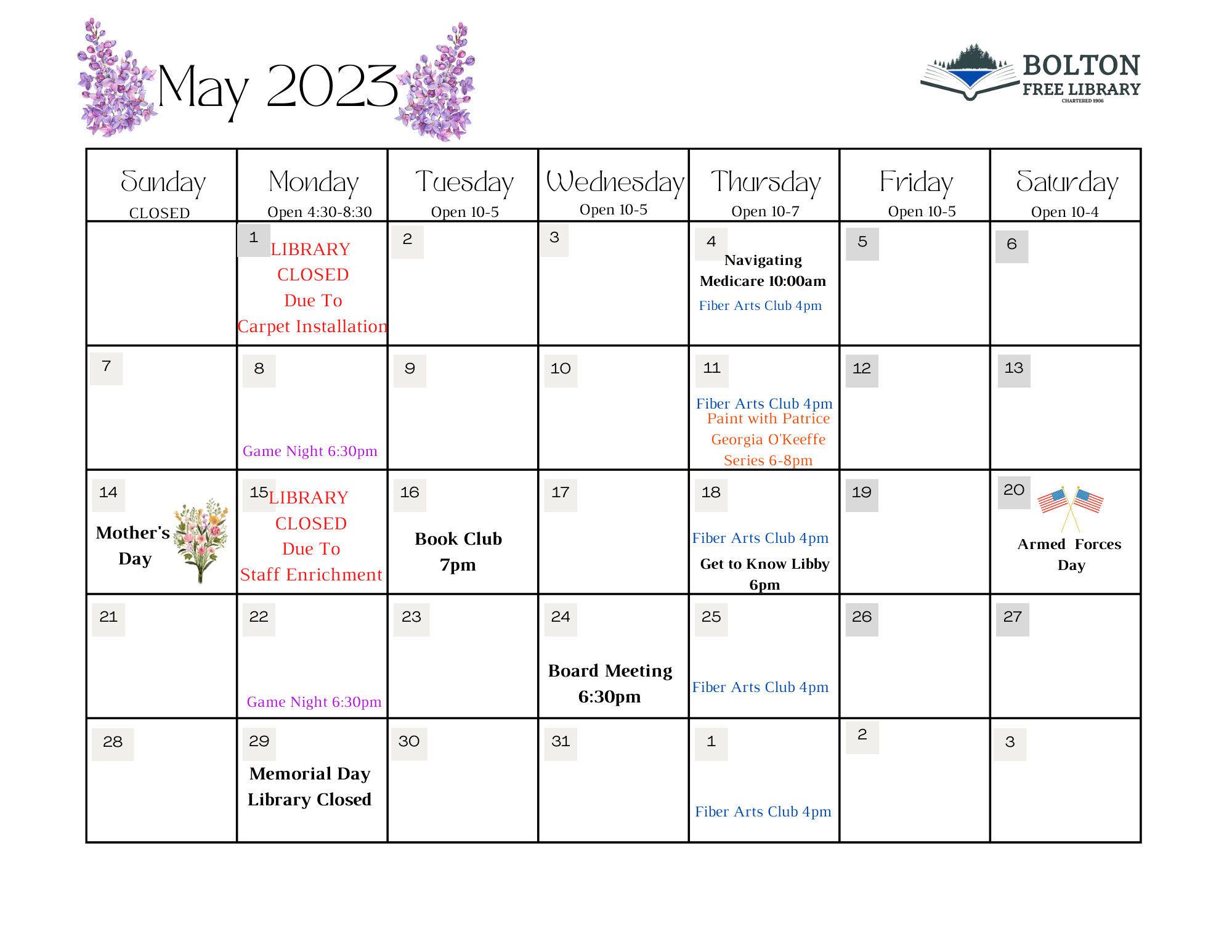 The Library Monthly Calendar – Bolton Free Library