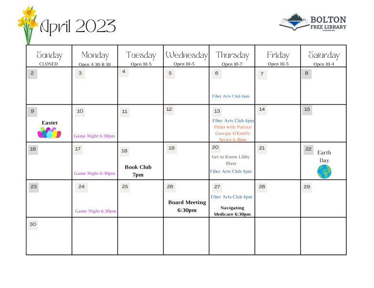 The Library Monthly Calendar – Bolton Free Library