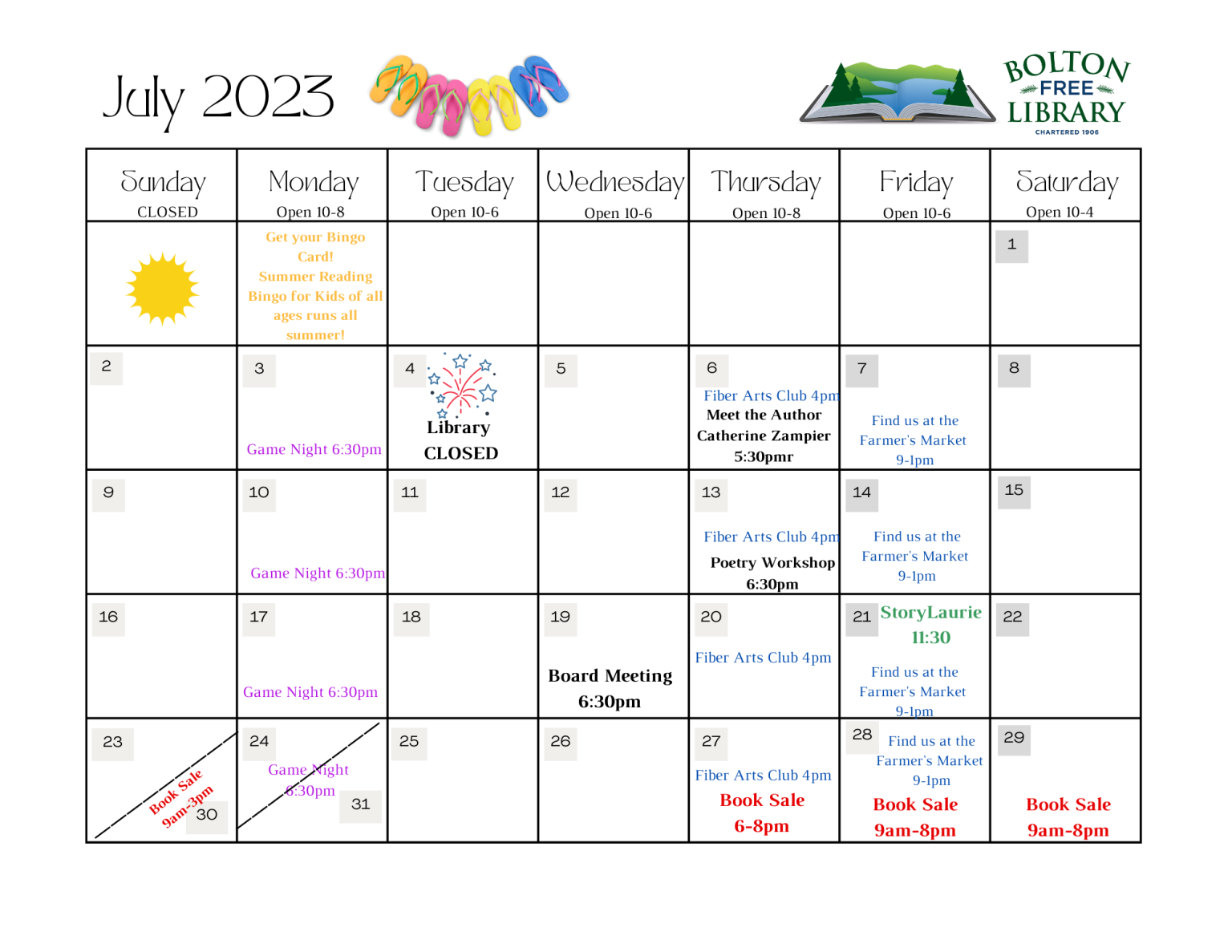 The Library Monthly Calendar Bolton Free Library