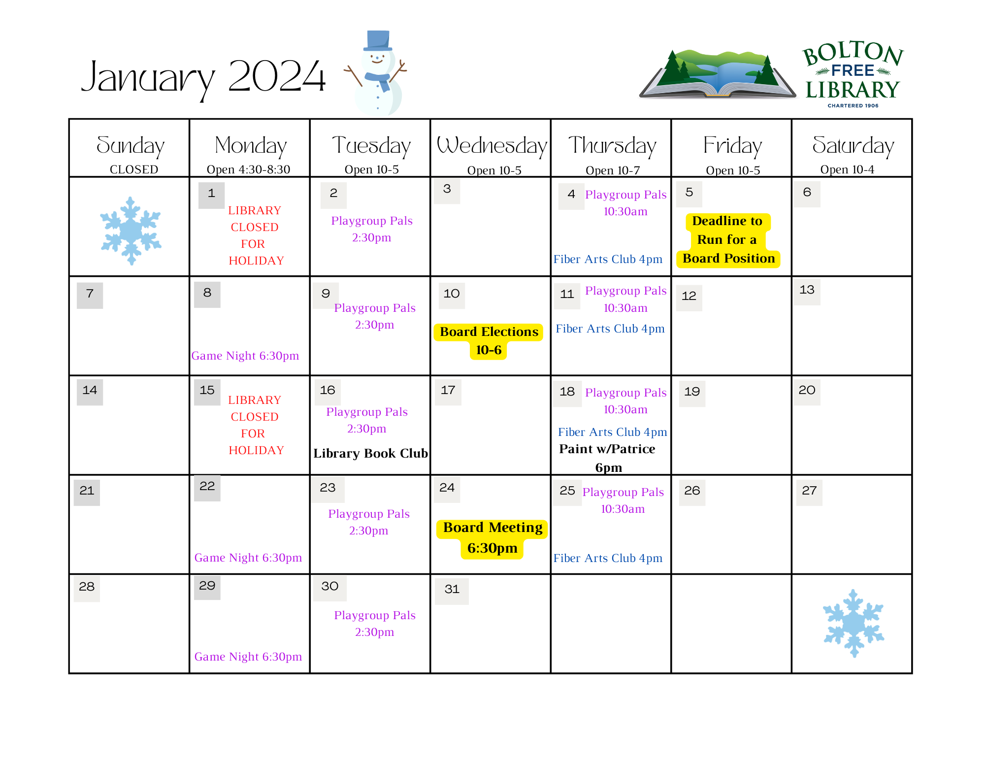 The Library Monthly Calendar – Bolton Free Library