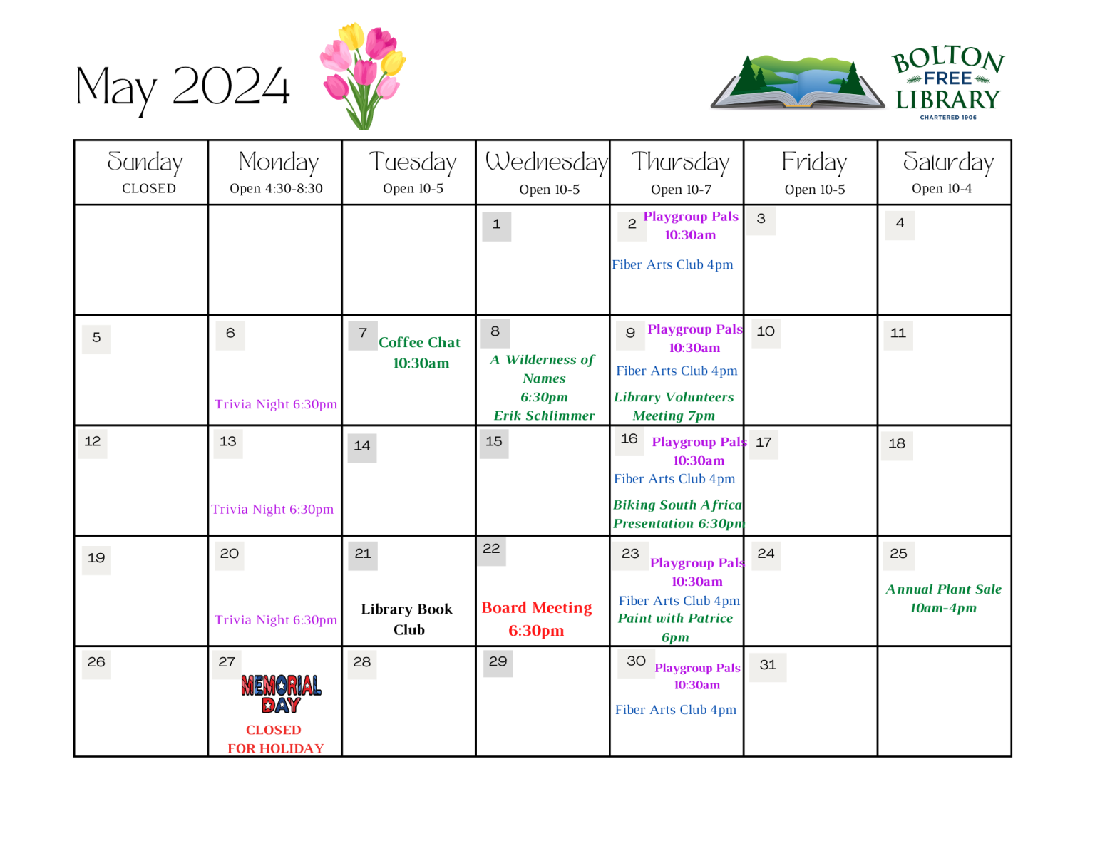 The Library Monthly Calendar – Bolton Free Library